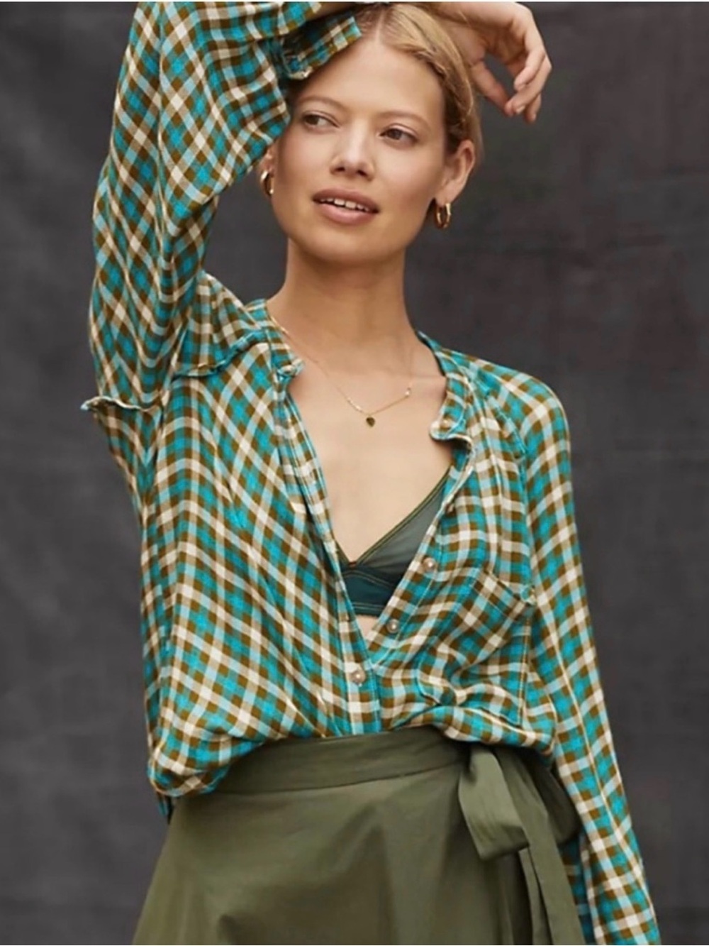 #639 Anthropologie PILCRO Breezy Teal & Olive Checked Button-Down Shirt